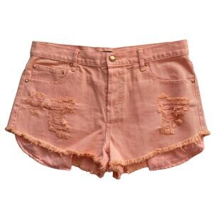 Forever 21 Shorts Womens Size 31 Peach Button Fly Jean Destroyed Raw Cuff Cotton